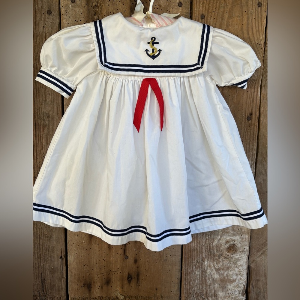 Vintage Nautical White Kids Dress with Red Accent